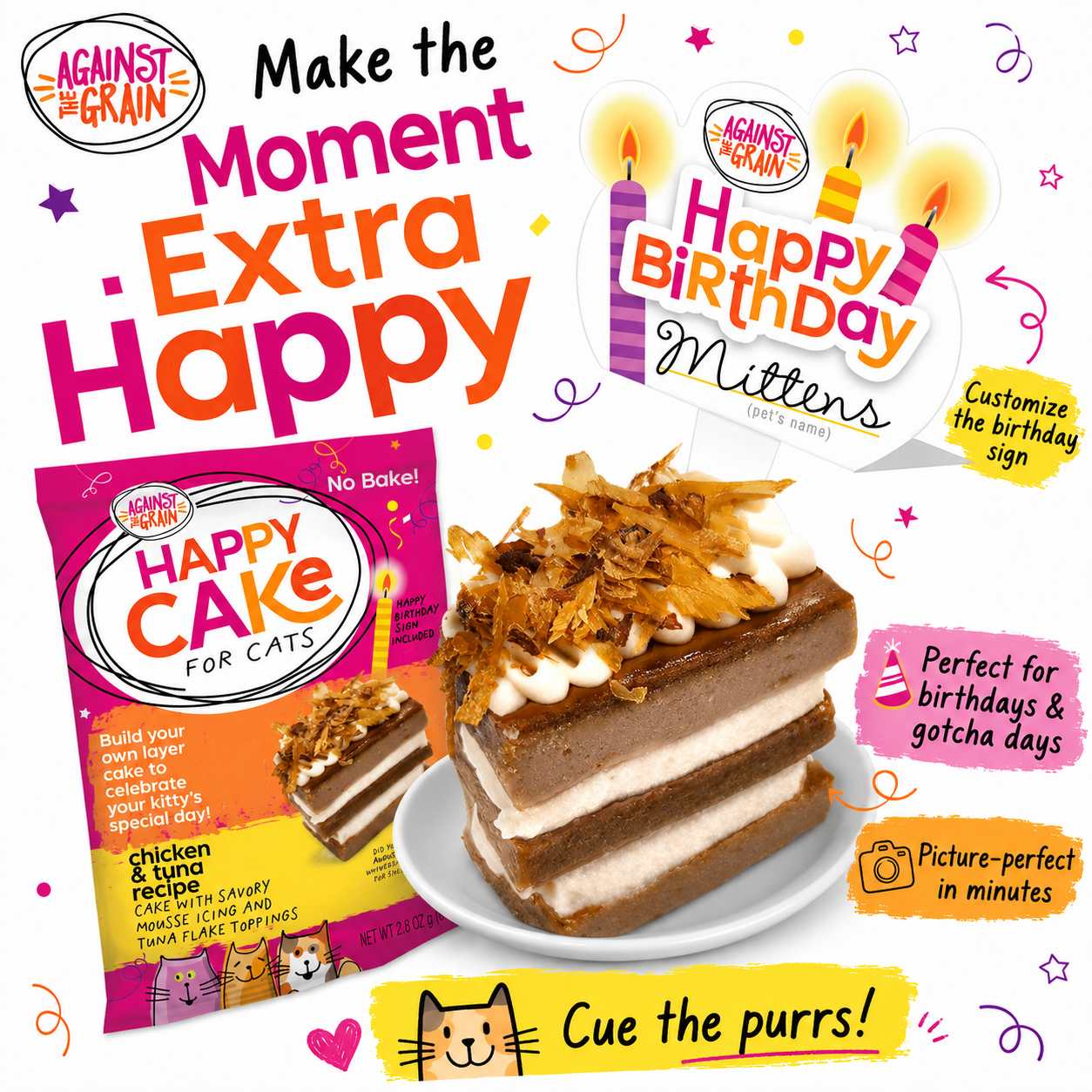 Package of "Happy Cakes for Cats" featuring a decorated cake slice, a festive birthday sign, and text highlighting it as the perfect birthday treat for your cat. Includes colorful balloons, candles, and playful paw prints in the design.