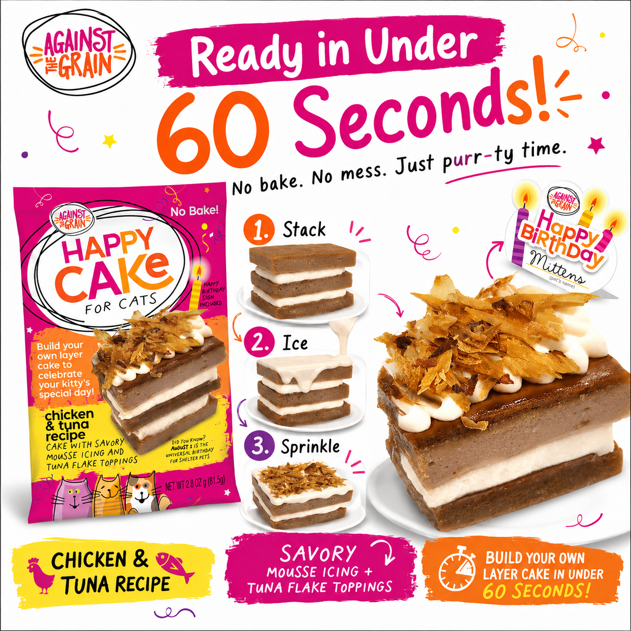 Packaging for "Happy Cakes for Cats" features a layered chicken and tuna treat topped with mousse icing and tuna flakes, along with instructions to assemble and serve in under 60 seconds.