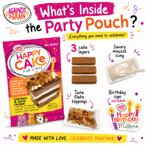 A Happy Cakes for Cats party pouch includes three cake layers, savory mousse, tuna flakes, and a birthday sign, all packaged with the "Happy Cake for Cats" label.