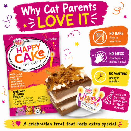 Introducing Happy Cakes for Cats — a purr-fect treat for your feline friend! Key Features: - No-bake and no-mess formula - Quick and easy preparation - Ideal for celebrating special occasions Create memorable moments with an example of a beautifully decorated cat cake using Happy Cakes for Cats!.