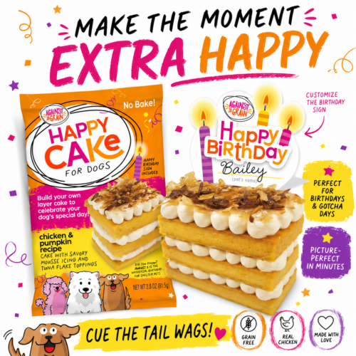 Two decorated Happy Cakes for Dogs and packaging featuring playful slogans, icons highlighting grain-free, real chicken cakes, and text promoting customizable birthday cakes for dogs.
