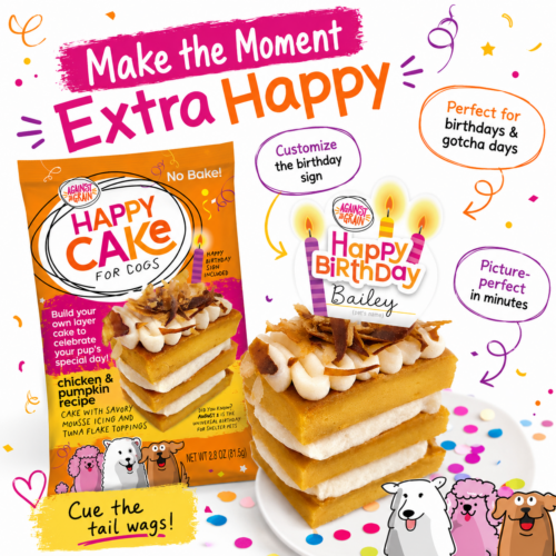 A box of Happy Cakes for Dogs featuring a layered cake with a birthday candle topper, cartoon dog designs at the bottom, and text emphasizing customization options and birthday celebration features.