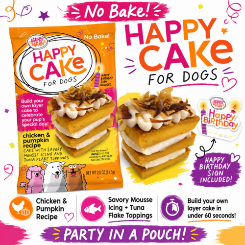 Happy Cakes for Dogs package featuring images of a layered dog cake with a chicken and pumpkin recipe, decorated with festive birthday accents. Text emphasizes its no-bake, DIY cake kit and the included birthday sign.