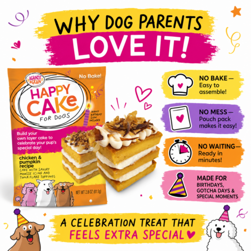 A package of Happy Cakes for Dogs is featured, with text highlighting it as a no-bake, easy, and special treat for dog celebrations. The product is surrounded by illustrations of dogs, cake, and party decorations.