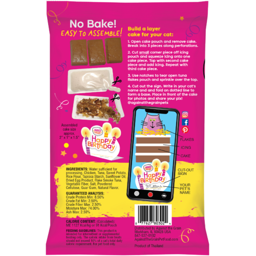 Back of a Happy Cakes for Cats kit showing step-by-step assembly instructions, ingredient list, nutrition facts, and a cartoon illustration of a cat-themed cake with a “Happy Birthday” sign.