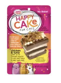 Pouch of Happy Cakes for Cats chicken and tuna cake mix with mousse icing and tuna toppings, decorated with cartoon cats and celebratory text for a cat birthday party.