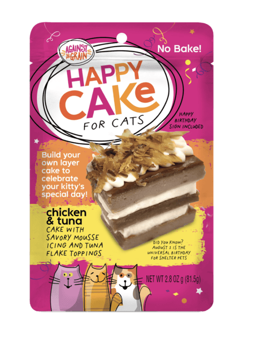 Pouch of Happy Cakes for Cats chicken and tuna cake mix with mousse icing and tuna toppings, decorated with cartoon cats and celebratory text for a cat birthday party.