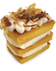 A three-layer "Happy Cakes for Dogs" dessert featuring yellow cake, a white cream filling, piped cream on top, and toasted coconut flakes as garnish, set against a plain background.