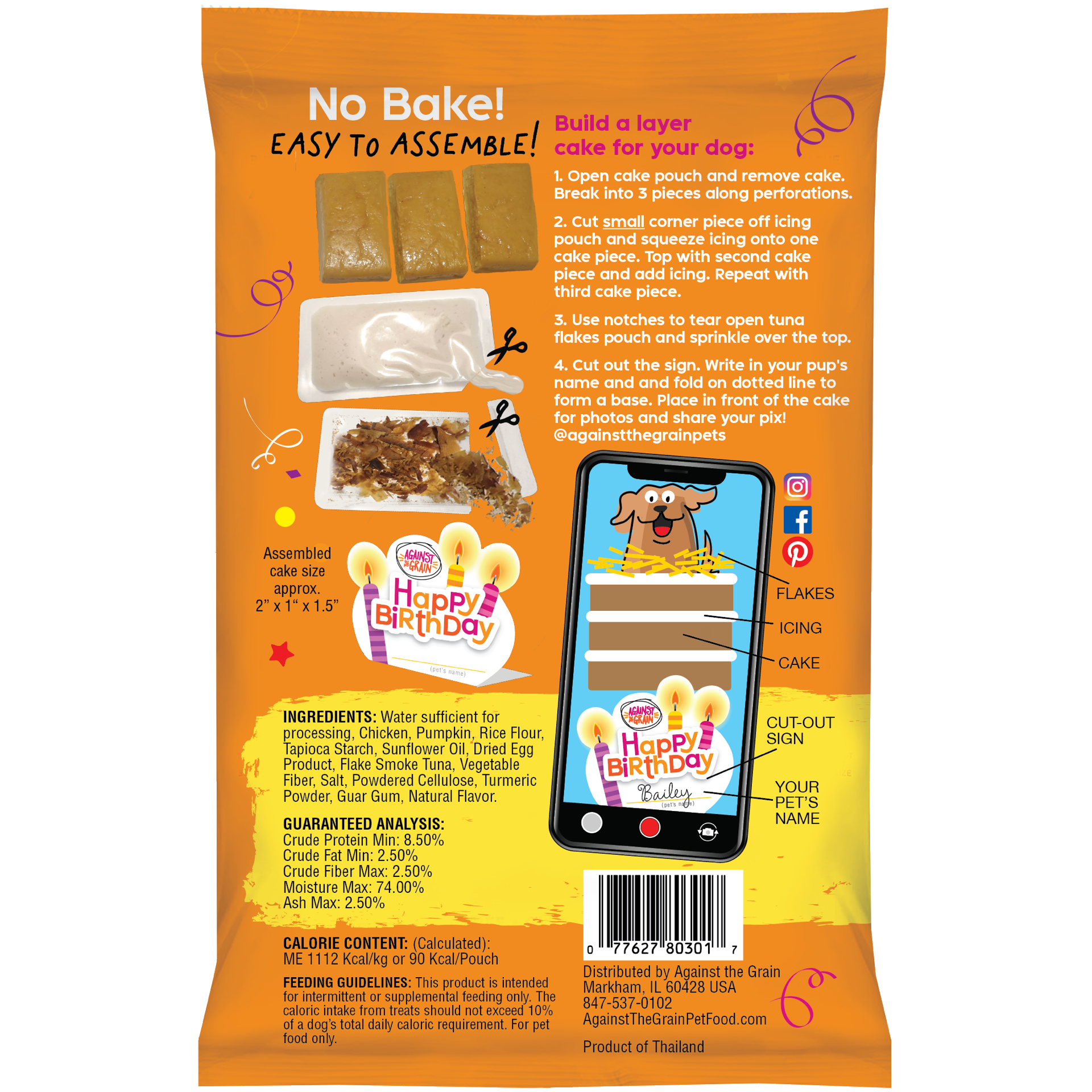 Back of the Happy Cakes for Dogs birthday cake kit displaying assembly instructions, nutritional information, ingredients, and a barcode; features images of the kit contents along with a decorated cake for dogs.