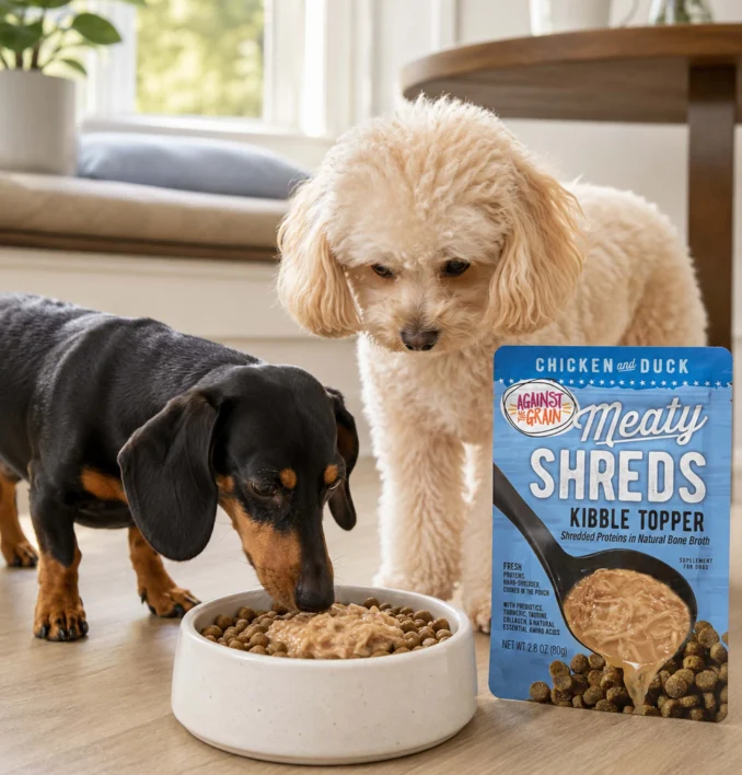 Puppies sharing a bowl of Against the Grain shreds.